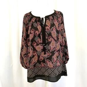 Daniel Rainn Blouse Top Lightweight Keyhole Tassel Tie Neck Medium